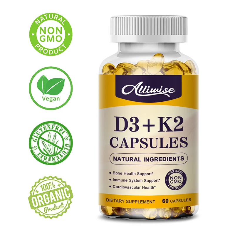 Alliwise  Vitamin D3 + K2 Capsules Supports Calcium for Stronger Bones Immune Health VC VK Complex Dietary Supplement for Adults