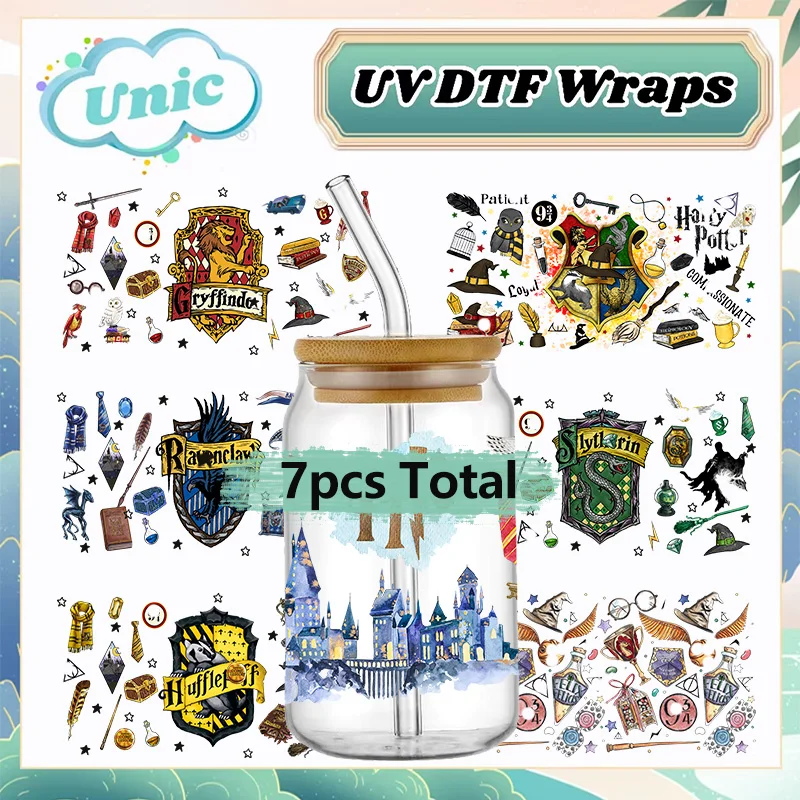 Cartoon Bundle 7pcs Magic 16OZ UV DTF Cup Wraps Transfer Sticker For Glass Libbey Can Bottle Selfadhesive Washable DIY Custom