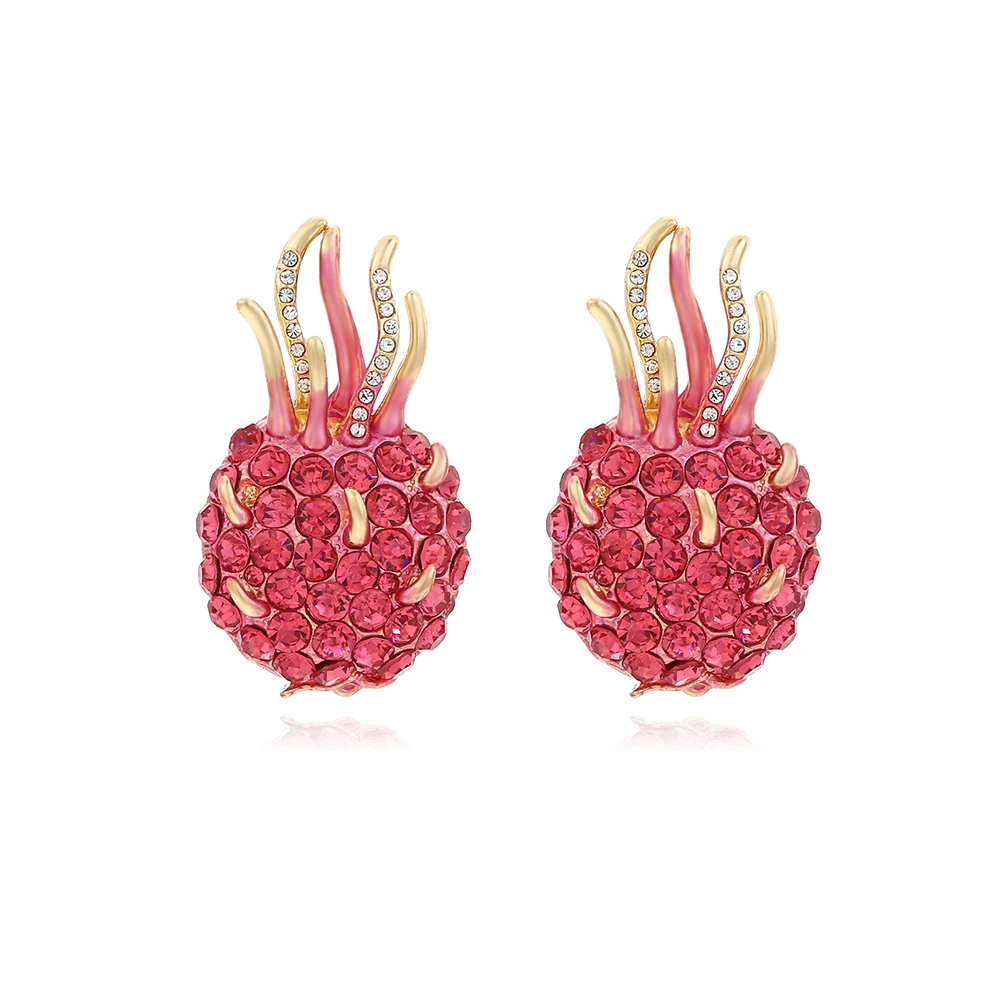 Sweet and Cute Dragon Fruit Elegant Temperament Alloy with Diamonds Fruit Earrings