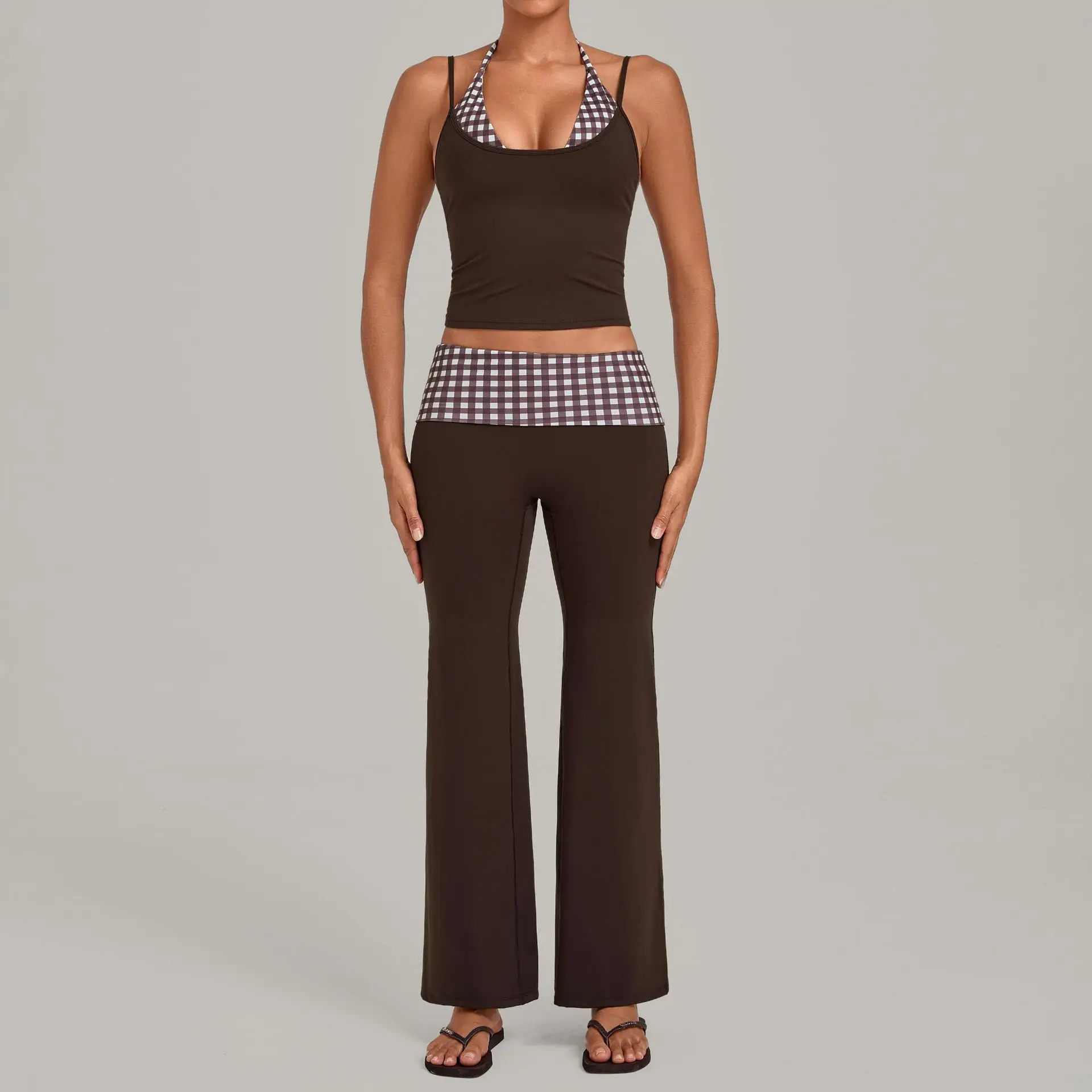 Vintage Print Yoga Sets Color Block Fold-over Waistband Butt-lifting Wide-leg Running Pants Women Plus Size Activewear Suit