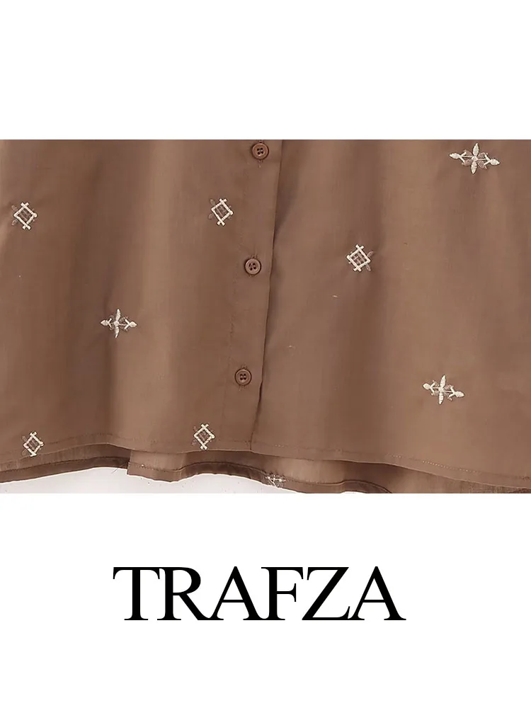 Trafza-女性の刺繍入りカジュアルブラウス,長袖シャツ,ラペルボタン,シックなトップス,オフィス,女性のファッション,2023