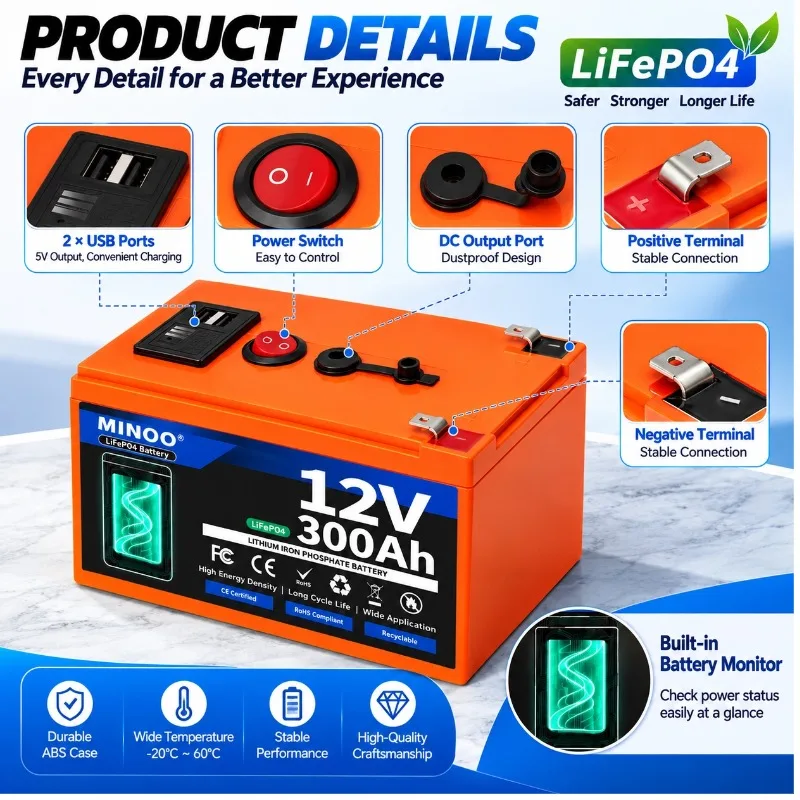 12V 300Ah 21700 Lifepo4 Battery Pack With USB Port BMS For Sprayer Electric Vehicle Solar Storage Camping
