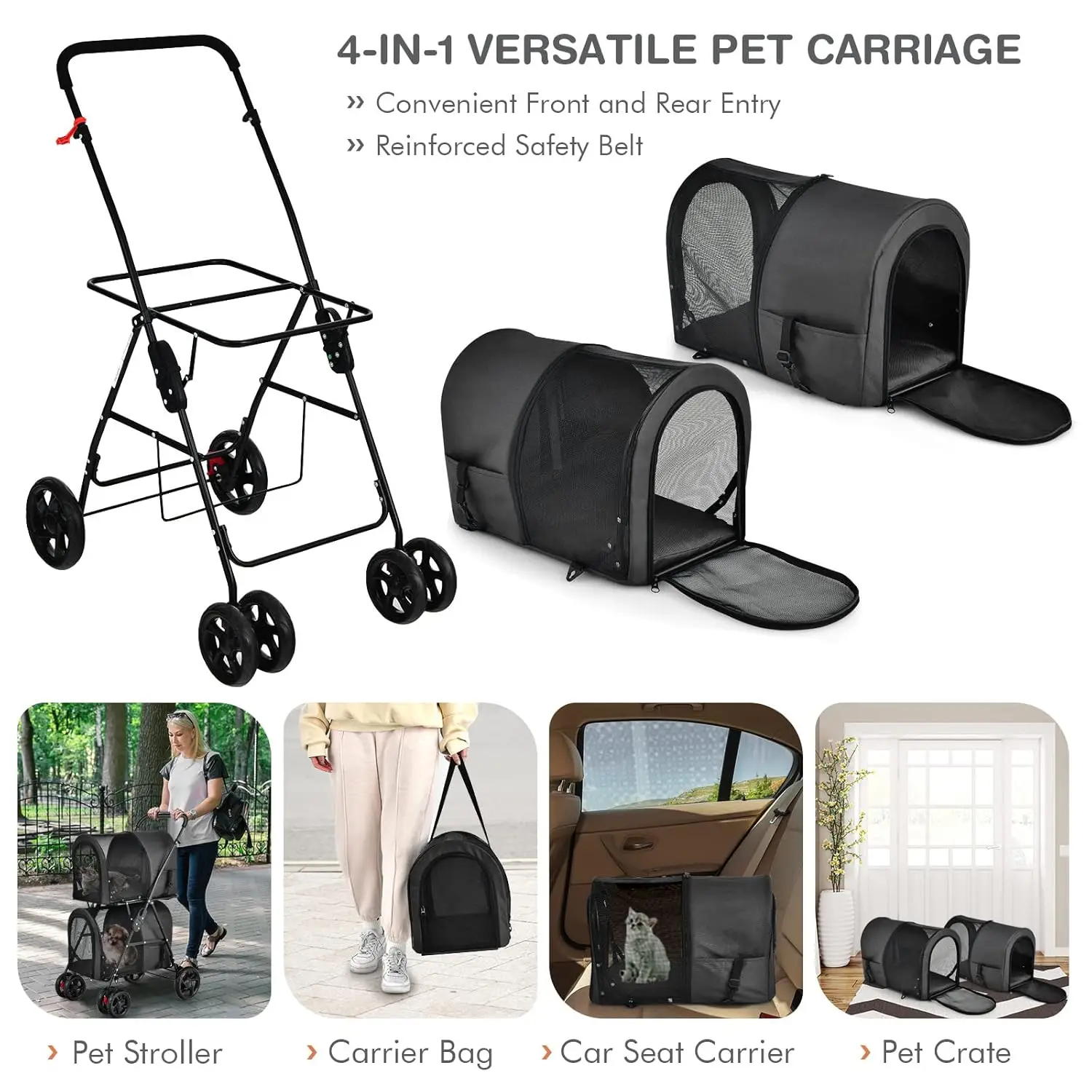 Double Pet Stroller with 2 Detachable Carrier Bags, Safety Belt, 4 Lockable Wheels Cat Stroller Travel Carrier Strolling Cart