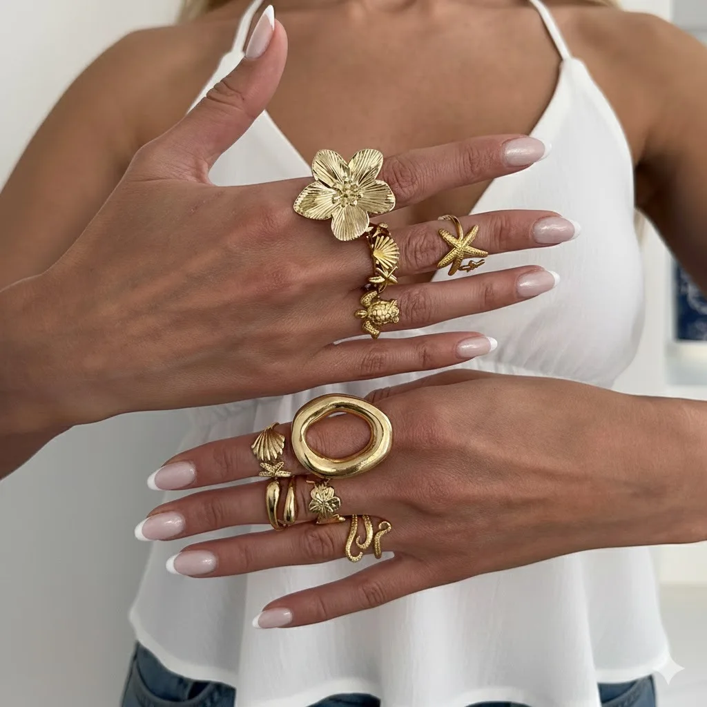 Ring Open Geometric Turtle Starfish Ocean Beach Adjustable Hug Knuckle Metal Band Women Daily Summer High Quality Collection