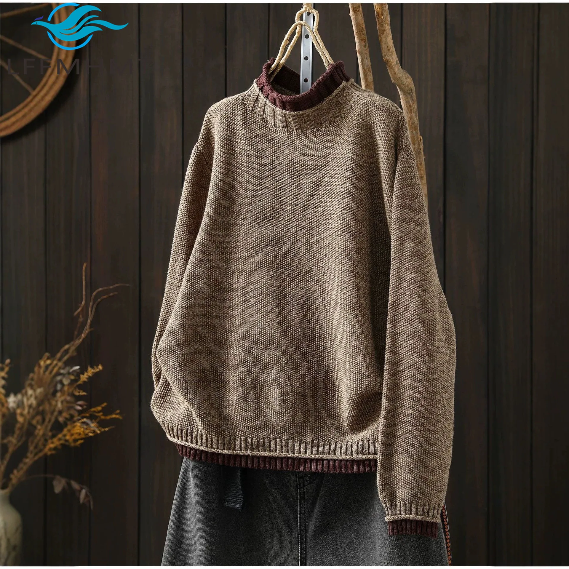 Women Spring Fall Mock Neck Faux Two Piece Contrast Collar Knit Sweater Loose Vintage Comfort Cozy Casual Long Sleeve Pullovers