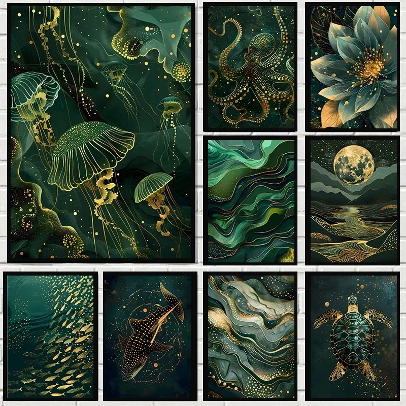Shark Octopus Turtle Jelly Fish Posters Ocean Wild Life Golden Canvas Painting Abstract Animal Wall Art Living Room Home Deco