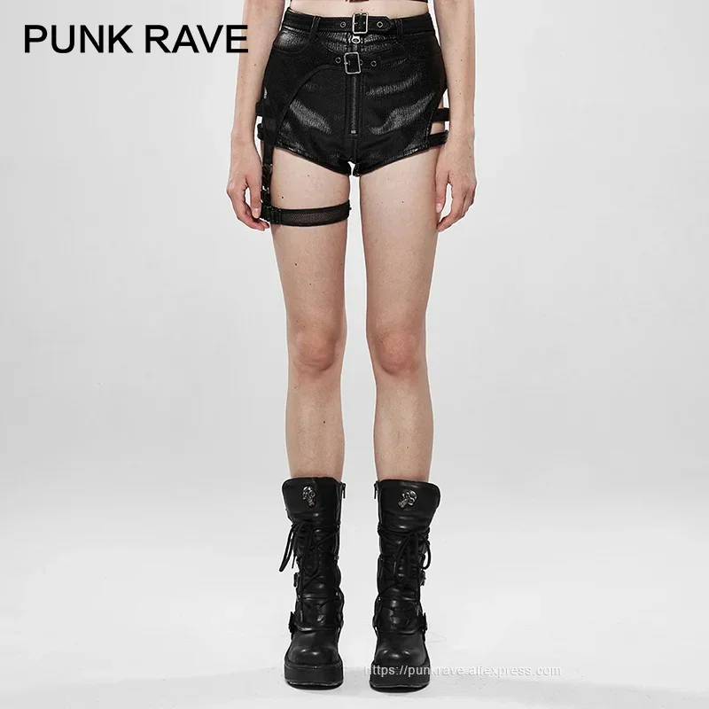 

PUNK RAVE Women's Punk Military Watcher Shorts Double-layer Mesh Asymmetric Stage Performance Handsome Sexy Pu Womens Clothing