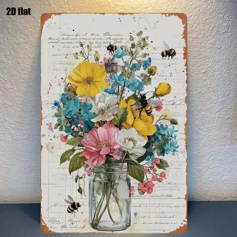 2D Flat Vintage Metal Tin Sign - Colorful Flowers, Bees & Mason Jar, Retro Handwritten Design, Iron Wall Art for Home/Kitchen/Ca