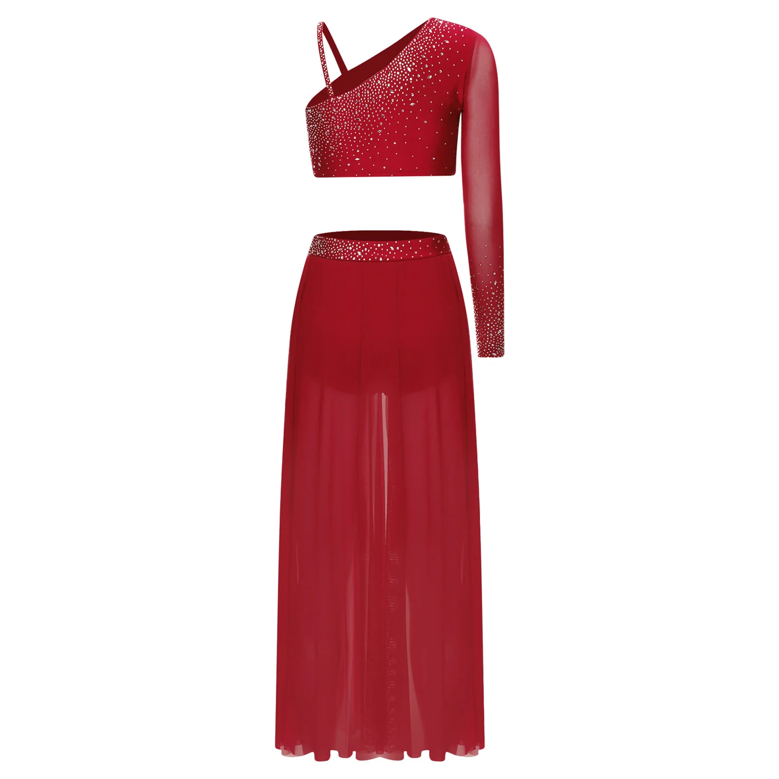 レディースモダンリリカルダンスシャイニーラインストーン衣装ワンロングスリーブストラップバッククロップトップイレギュラーヘムスカートラテンダンス用