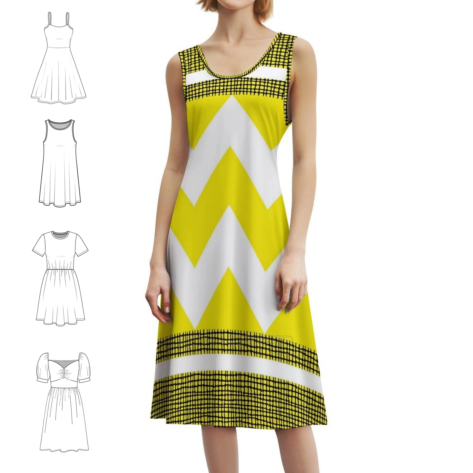 فستان هندسي متعرج الملمس الأبيض والخردل البوهيمي بدون أكمام للنساء طباعة فساتين حفلات الشاطئ هندسية متعرج #1