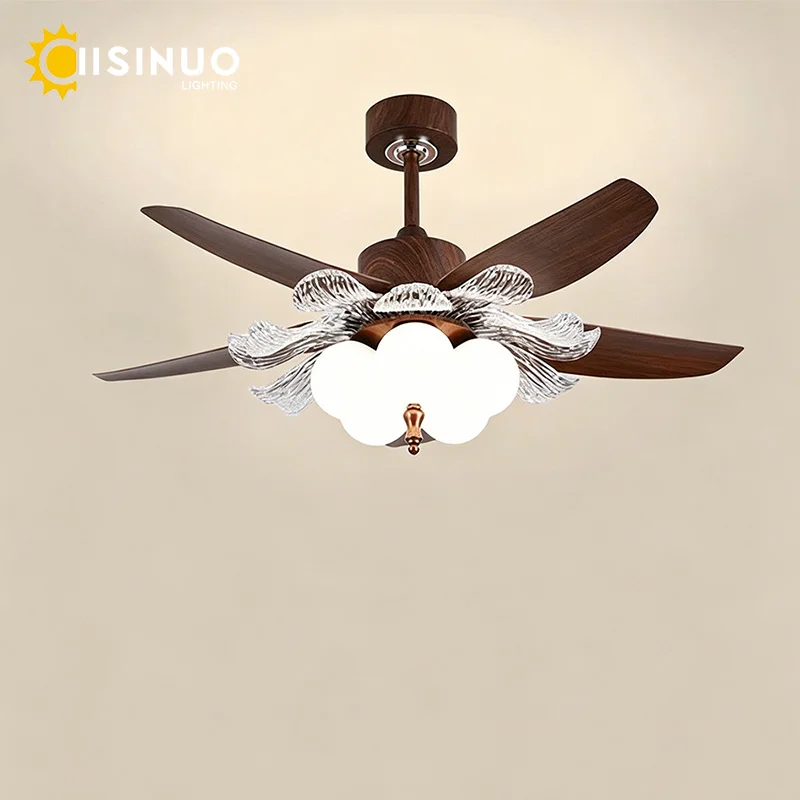 36/42/48 Inch Walnut Wood 5 Blades Ceiling Fan Lights 35W Dimmable Silent Brushless Copper Motor Matte Iron Frame Acrylic Shades