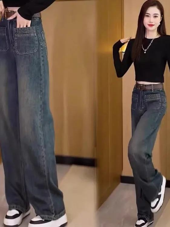 

Женские джинсы с высокой талией, на флисовой подкладке, широкие, прямого кроя, с двумя карманами, для полных женщин с фигурой типа «груша», в американском стиле