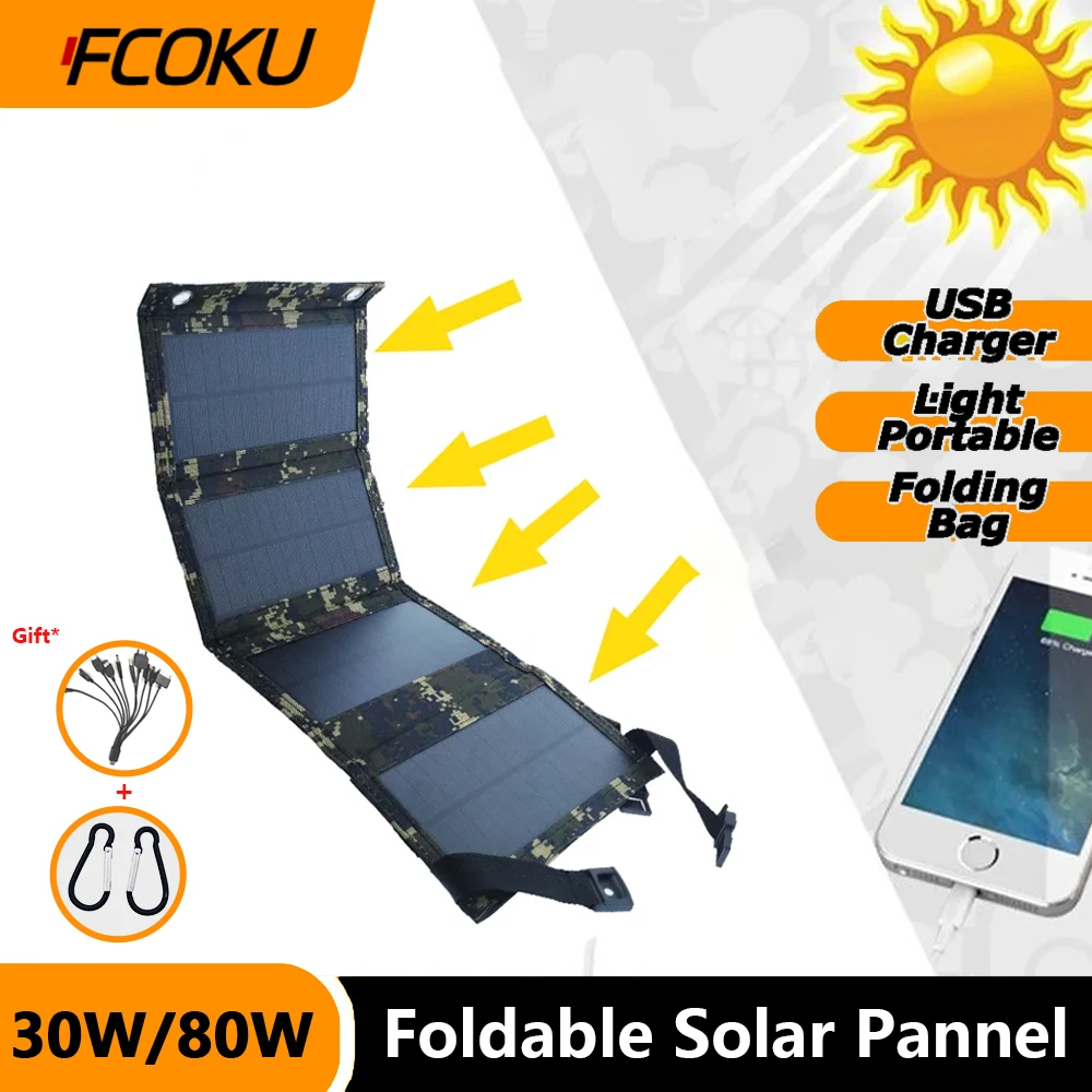 80W/30W Foldable Solar Panel Outdoor USB 5V Output Device Waterproof Portable Solar Panel Camping Accessories for Tourism Hiking