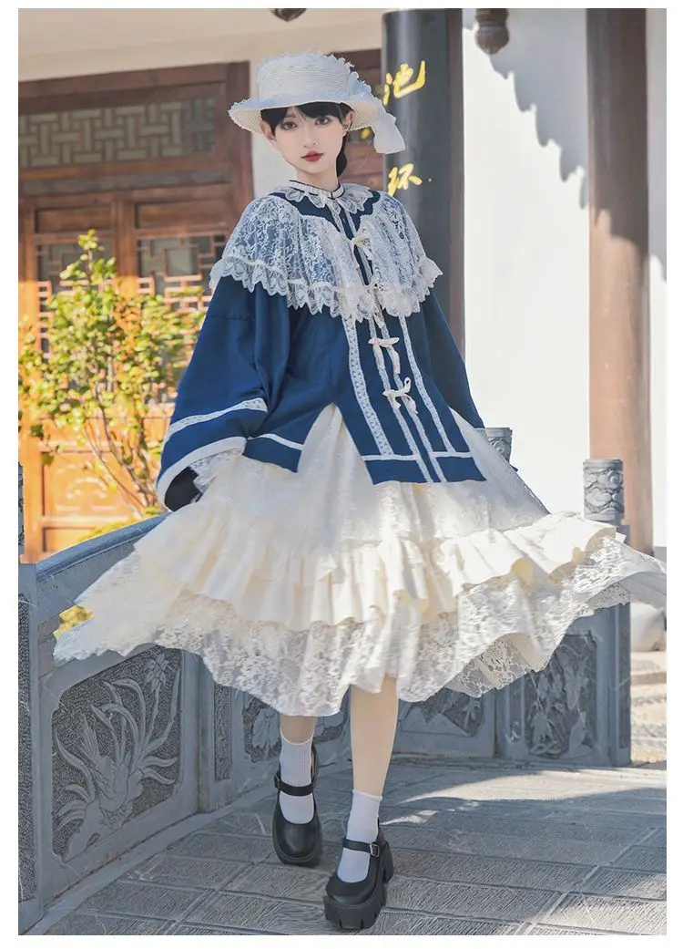 Japan Chinese Vintage Style Cosplay Lolita Op Elegant Girls Gentle solid color Lace Flower Ruffle Ribbon Bowknot Vestidos Dress