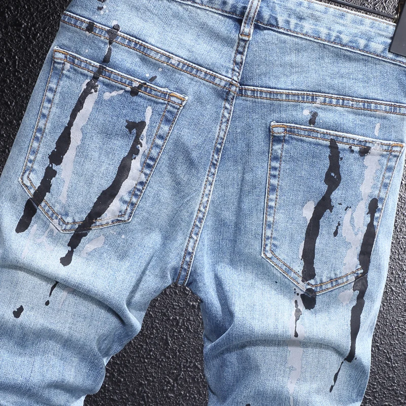 Street Fashion Men Jeans Retro Blue Stretch Slim Fit Ripped Jeans Men Painted Designer Y2K Hip Hop Vintage Denim Pants Hombre