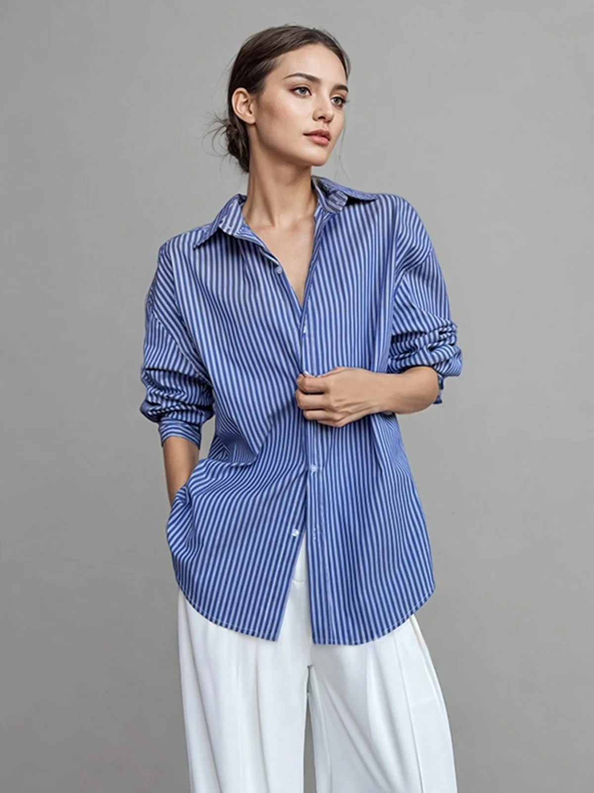 Elegant Blue Striped  Collar Loose Fit Long Sleeve Women's Shirt Versatile Commute Style Korean Fashion Spring Early