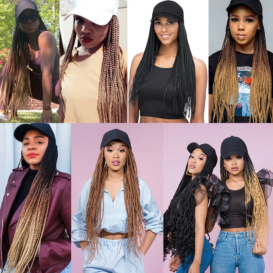 Alitomo 24 Inch Baseball Cap Hat Wig Hair with Hair Extensions Ombre Rainbow Synthetic Braided Box Braids Wigs for Black Women