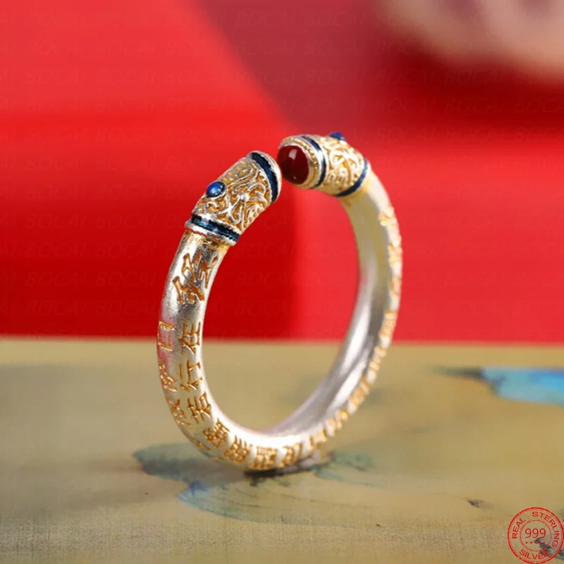 S999 Sterling Silver Rings for Women Men New Trace a Design in Gold Heart Sutra Eternal Rattan Enamel Jewelry Wholesale