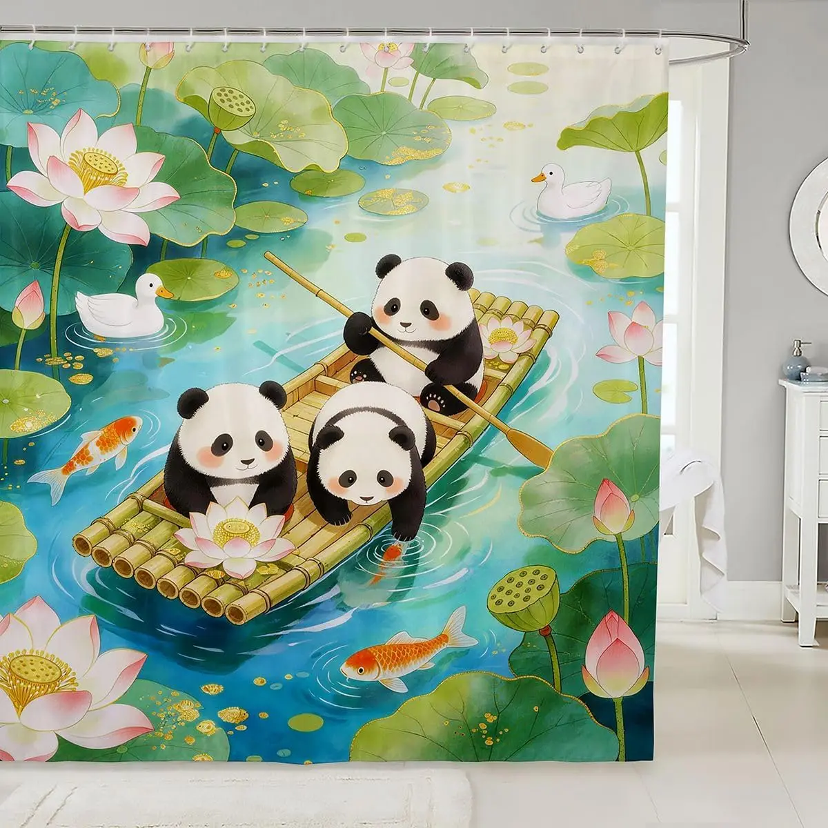 Cute Panda Shower Curtain, Pandas Rowing Bamboo Raft on Lotus Pond, Koi Fish Duck Chinese Style Waterproof Bath Curtain Decor