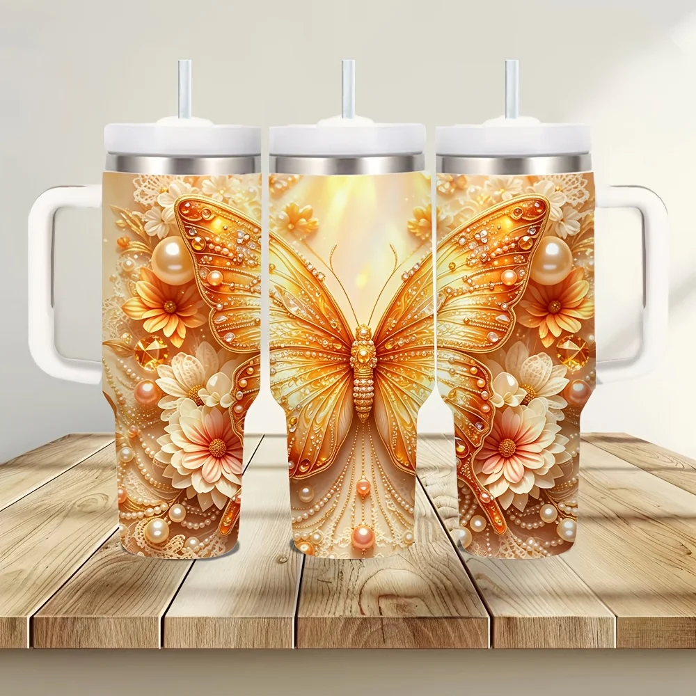 40Oz Insulated Tumbler with Handle, Features Elegant Golden Butterfly Floral Pearl Print, Suitable for Women, Fits Daily Use, Outdoor Travel And Office Use, Keeps Both Hot And Cold Drinks at Ideal Temperature