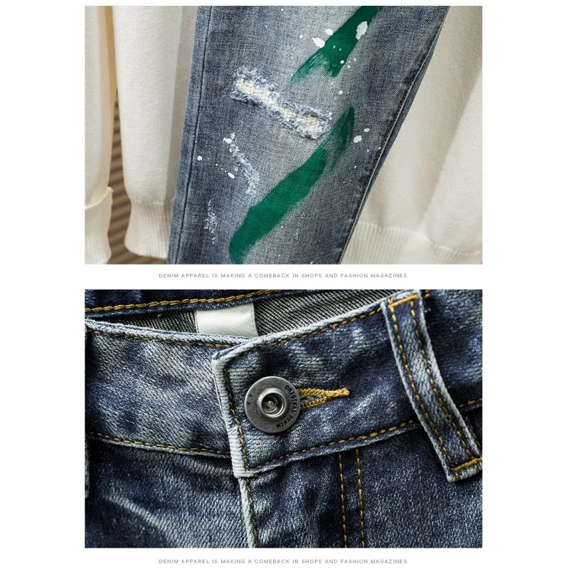 Fashion Street Personalised Colourful Painted Designer Hip Hop Pants Mens Jeans Vintage Blue Micro Stretch Slim Hole Hombre