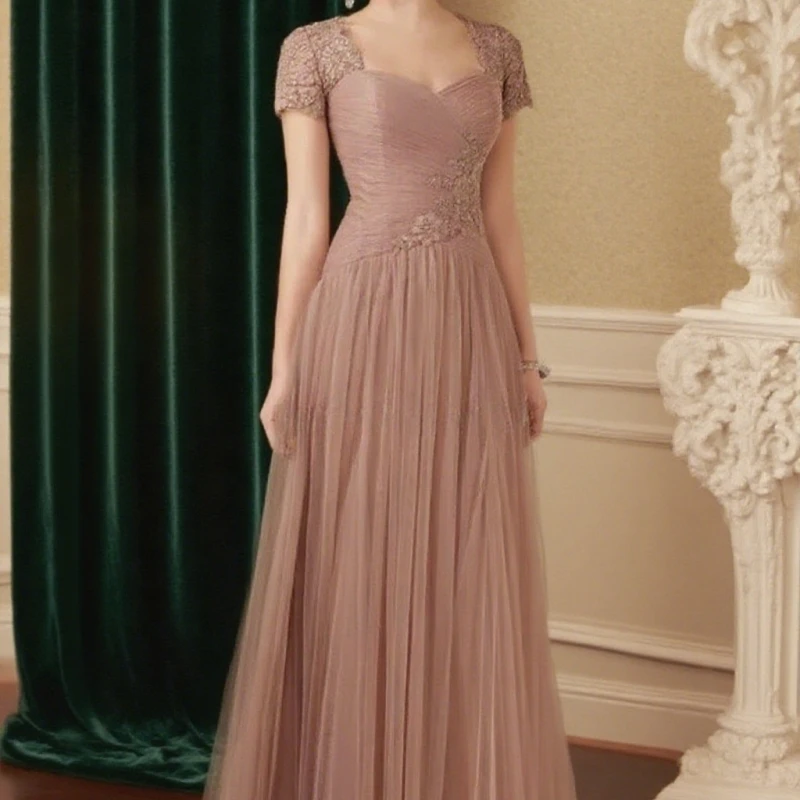 

vintage mother of bride dresses dark blush sweetheart full length short sleeves tulle beaded long formal evening gowns Customize