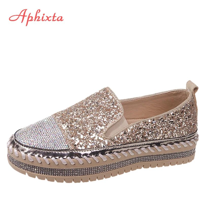 Aphixta Luxury Crystals Sequined Flat With Platform Shoes Loafers Flats Leather Couple Woman Students Shoes Plus Size 44