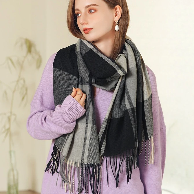 

Клетчатый шарф из искусственного кашемира, зимний шарф, женская шаль, утолщенный теплый шарф с бахромой