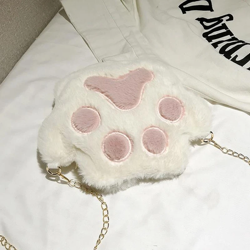 Fashionable Women s Shoulder Bag Adorable Paw Print Plush Handbag with Chain Strap Spacious Crossbody Purse for Everyday Use