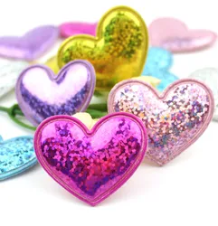 48Pcs 3.5*3.8cm Shiny PU Leather Heart Padded Appliques For Headwear Hair Clips Stick-on Accessories Baking Decoration Wholesale