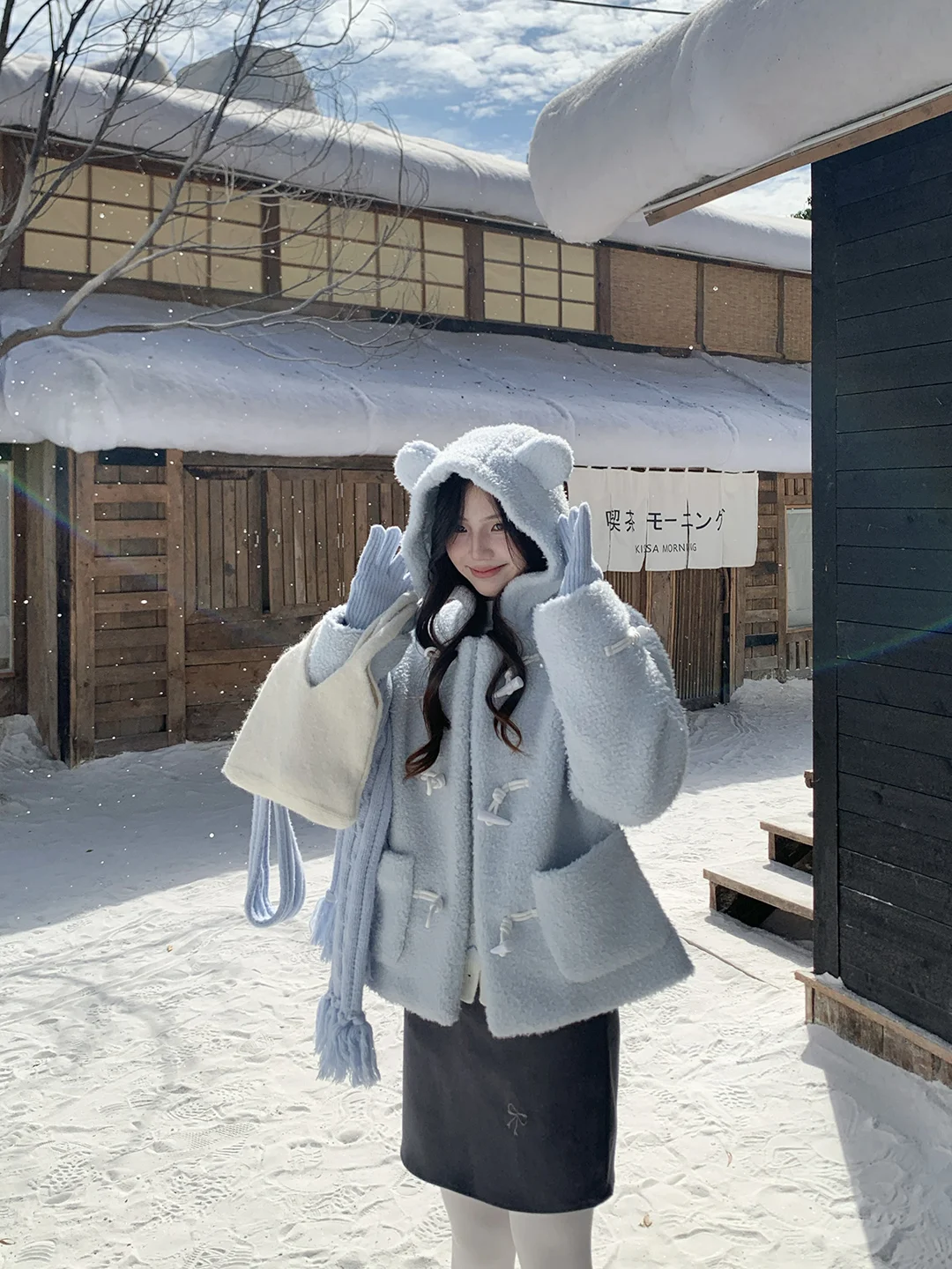 

Cozydays Thiened Lamb Fur Hooded Jaet Women's Coat Sweet Sle Long Sve Warmth Guaranteed Button Closure Fce Lined