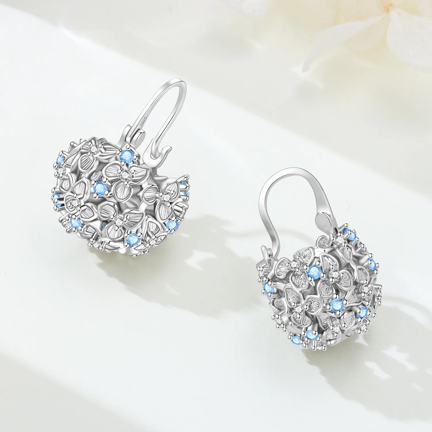 PANPOKI 925 Sterling Silver Blue Zircon Hydrangea Flower Drop Earrings Women Earrings Trendy Party Jewelry Anniversary Gifts