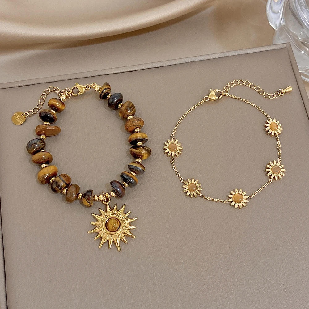 2 Styles Stainless Steel Chain Flower Sun Charm Bracelet for Women Retro Irregular Tiger Eye Stone Beaded Bangle Hand Jewelry