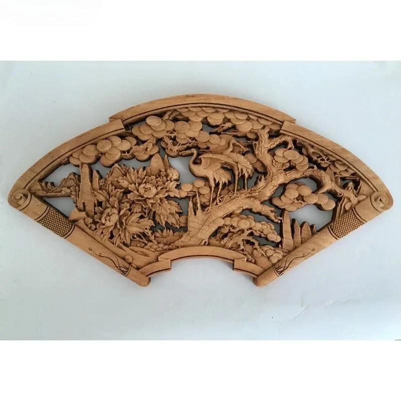 Fan Shaped Antique Wood Carving Ornament Camphor Wood Ornament Home Decoration Living Room Antique Shelf Decoration