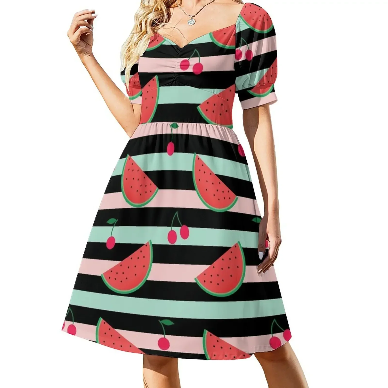 

Pattern with watermelon and red cherries on striped the background Sleeveless Dress Women's summer suit Dress