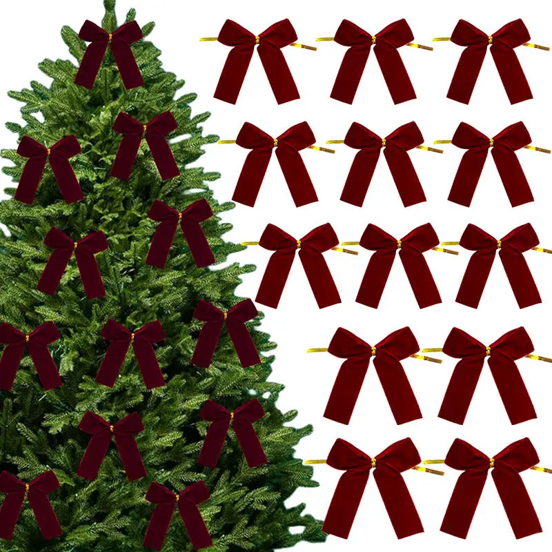 Picture 3: 12Pcs Velvet Ribbon Bows Handmade Christmas Tree Hanging Decorations Wreath Gift Bows Christmas Tree Hanging Decorations Bow