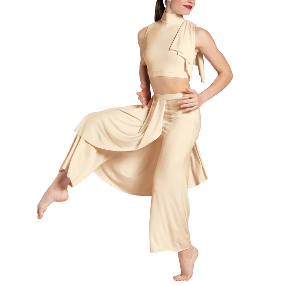 2ピースセット モダンダンスウェア ガールズ レディース クロップトップ ワイドレッグパンツ コンテンポラリーダンス ステージパフォーマンス ショーコスチューム