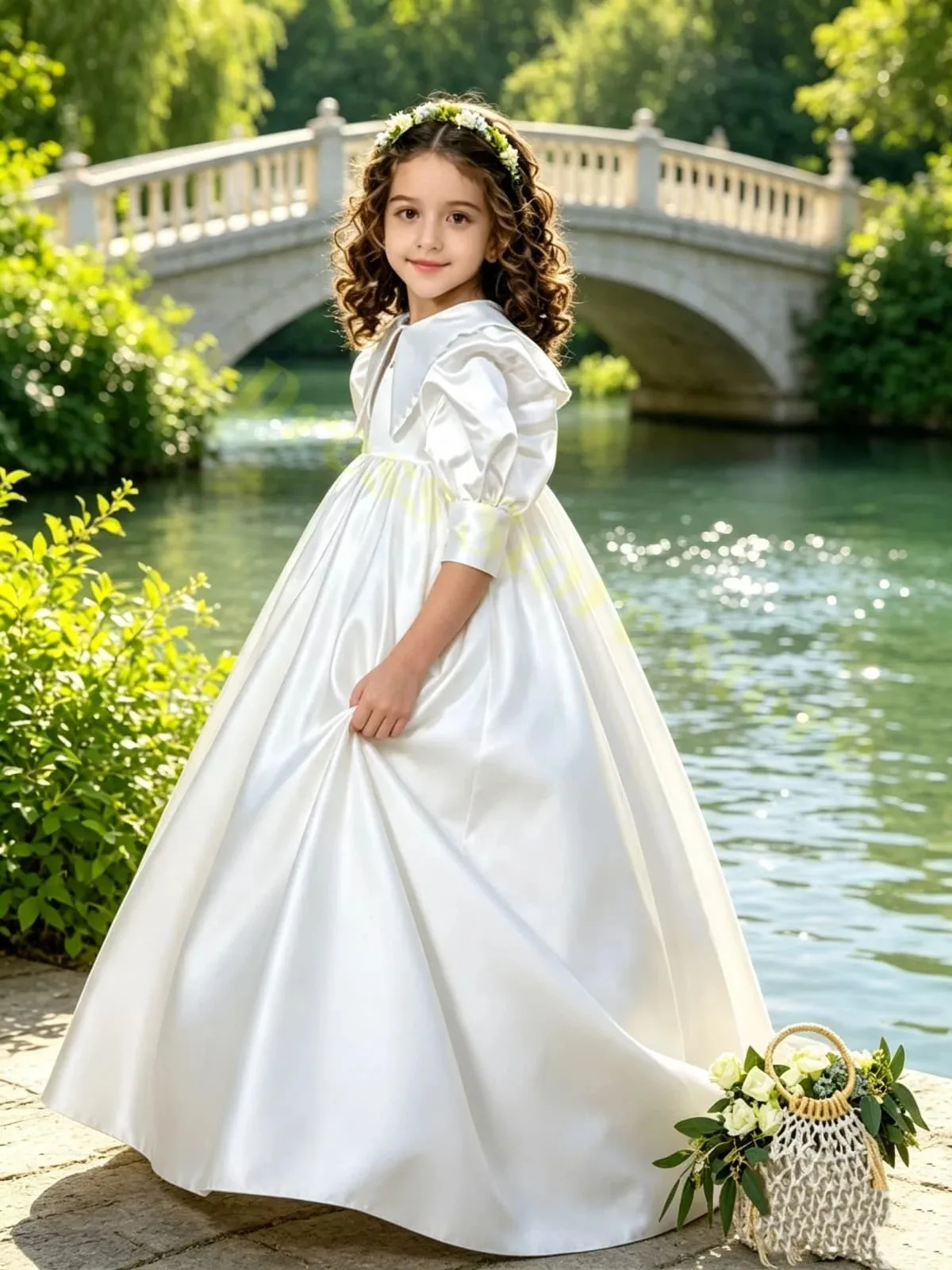 Maßgeschneidertes Großhandels-Blumenmädchenkleid für Hochzeiten, Satin-Schleife, halbe Ärmel, hohe Taille, bodenlang, Kinder-Geburtstags- und Kommunionkleid – Detail 1