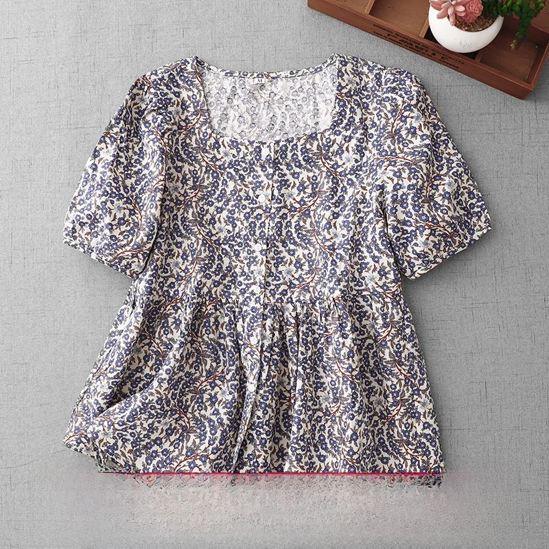 

Retro Square Collar Bubble Sleeve Cotton Short Shirt Women's Korean Style Floral Print Slimming Top Casual Summer T-shirt