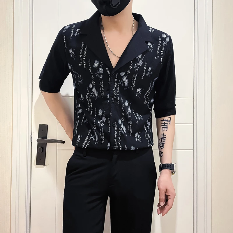 

Trendy Summer Printed Men's Shirt Suit Collar 3/4 Sleeve Casual Shirts Slim Social Streetwear Hairstylist Nightclub Shirt 2025