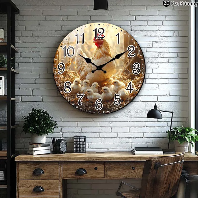 Stille Wanduhr aus Holz, Hühnerfamilie mit Küken, Quarzuhren, Schlafzimmer, Badezimmeridee, Weihnachten, Halloween, Neujahrsgeschenk