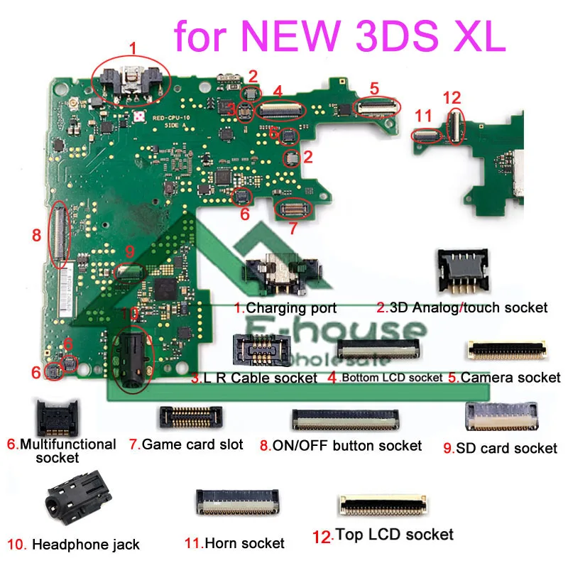 For NEW 3DS XL  Charging Port LCD Cable Socket Horn Cable Connector SD Card Slot Socket Compatible for NEW 3DS LL Console