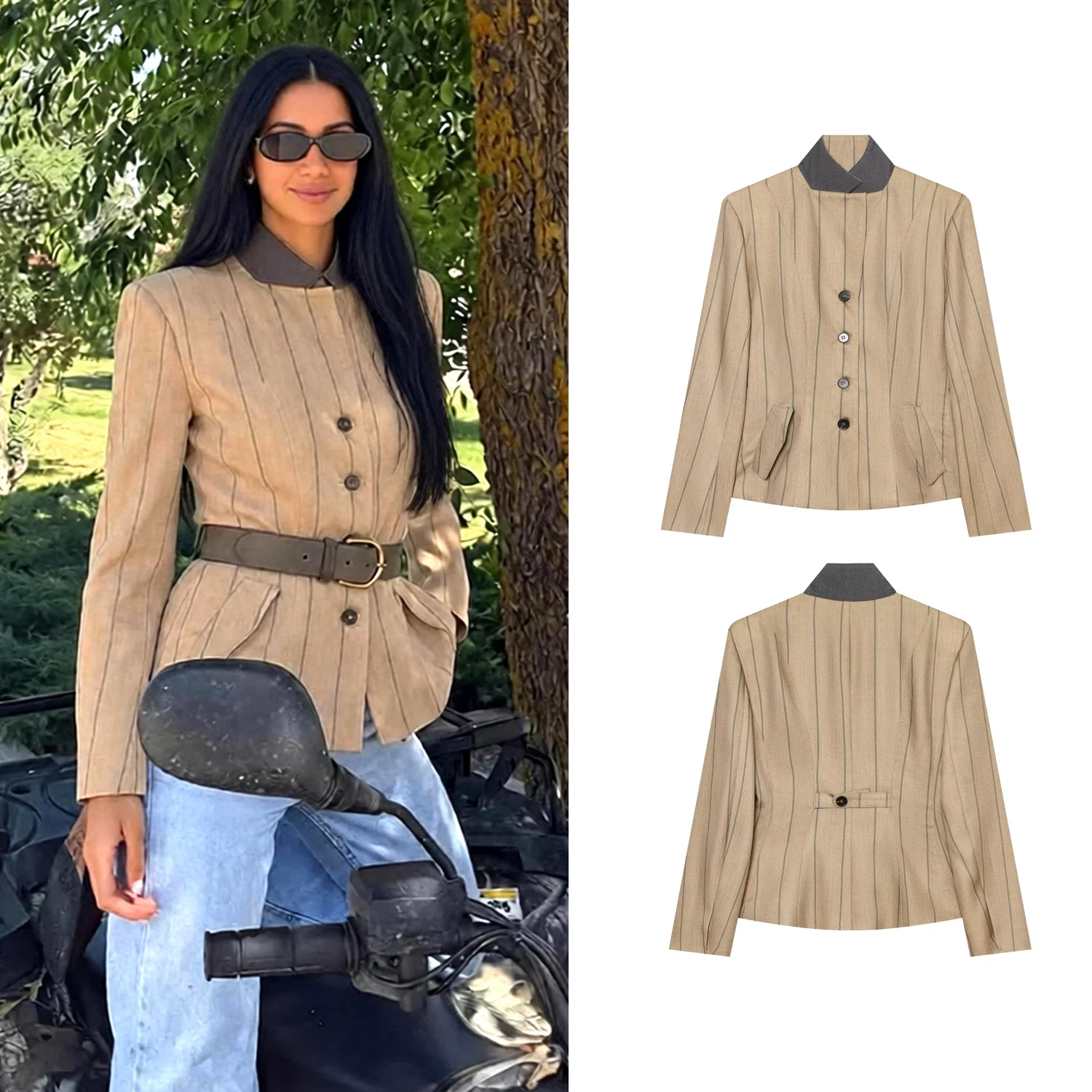 Women Vintage Khaki Striped Slim Blazers Spring Autumn Female Fashion Elegant Commute Blazers Lady Chic High Street OL Blazers