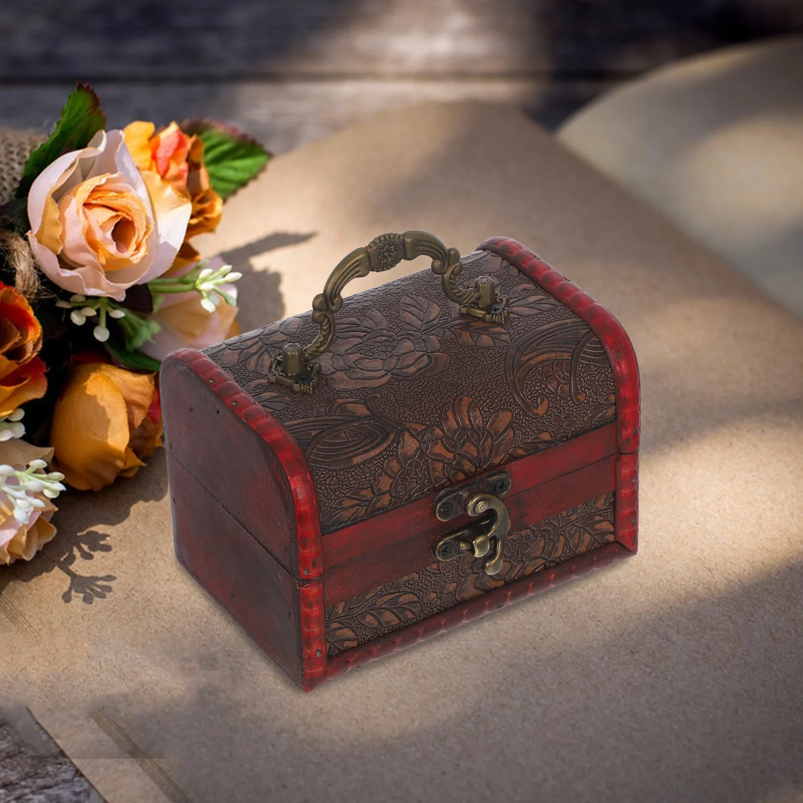 Vintage Jewelry Storage Box Wood Portable Handle Retro Organizer Keepsake Wedding Candy Trinket Box Small Trinket Case