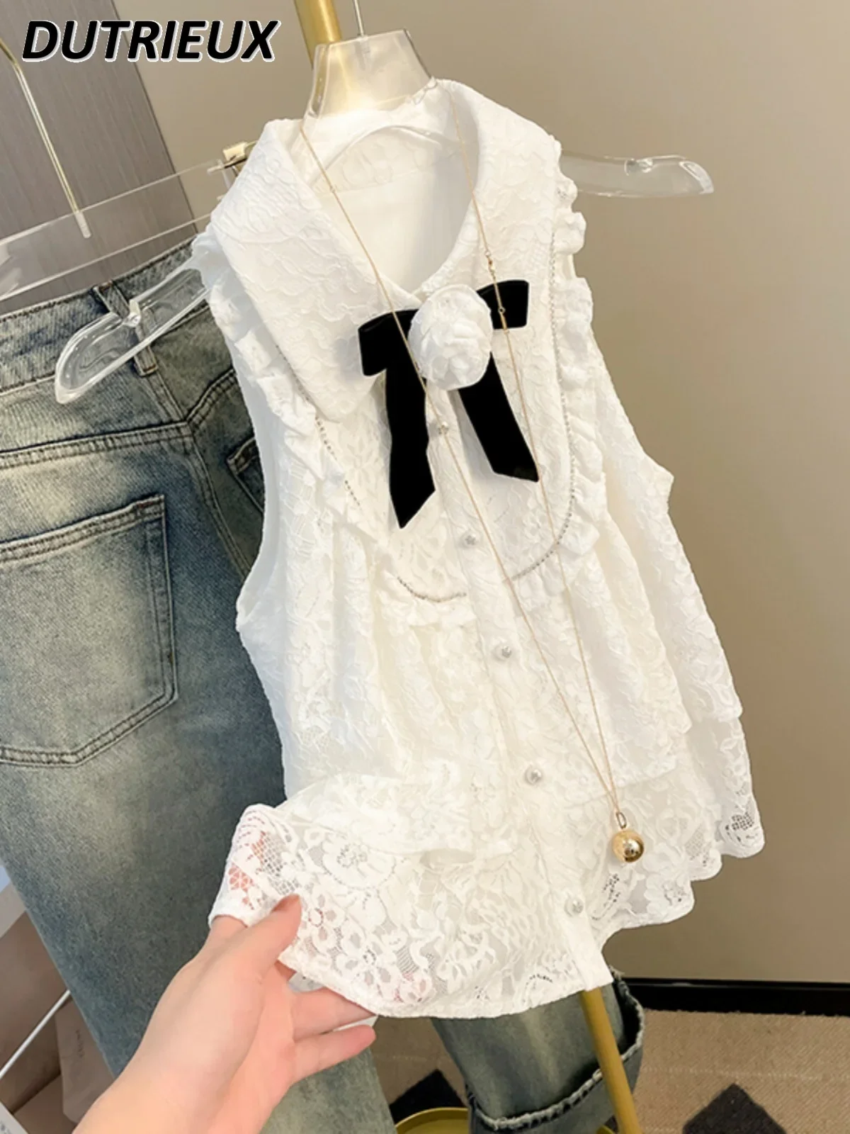 French Style Temperament Lapel Sleeveless Shirt Three-Dimensional Flower Bow Tie Loose Blouses Girls Sweet Lace Tops for Women