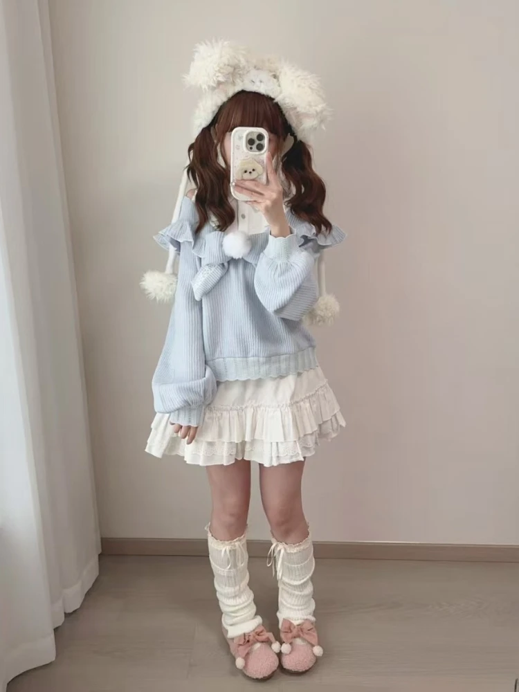 Autumn New Japanese 2025 Sweet 2-piece Set Women Design Off Shoulder Patchwork Bow T-Shirts Kawaii Lace High-waist Skirt Suit image 5