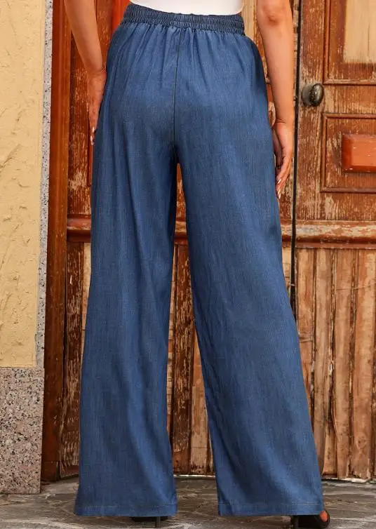 Pantalon d'été ample pour femmes, nouvelle couleur unie, Imitation Denim, taille haute, à lacets, décontracté, jambes larges, adapté aux déplacements quotidiens