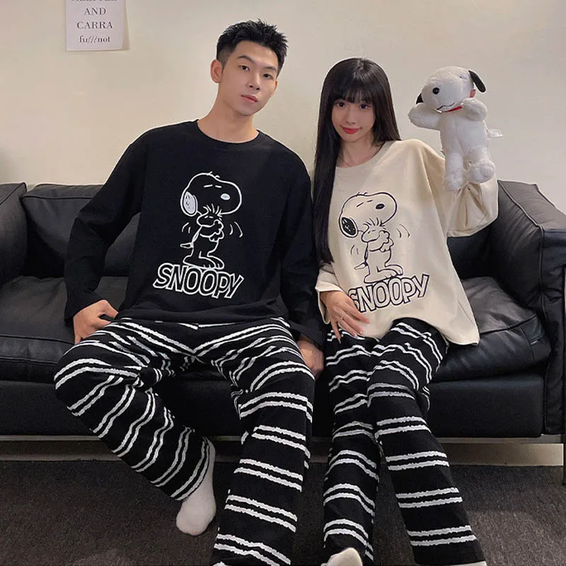 

Snoopy Pajamas Plus Size Homewear Two-Piece Women Men Long Sleeve Top Elastic Waist Pants Pajamas Couple Casual New Home Wear