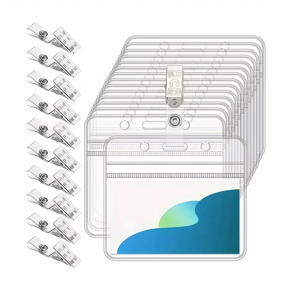 

10 sets of horizontal ID holders with metal clips, resealable zipper ID holder, transparent PVC ID bag.