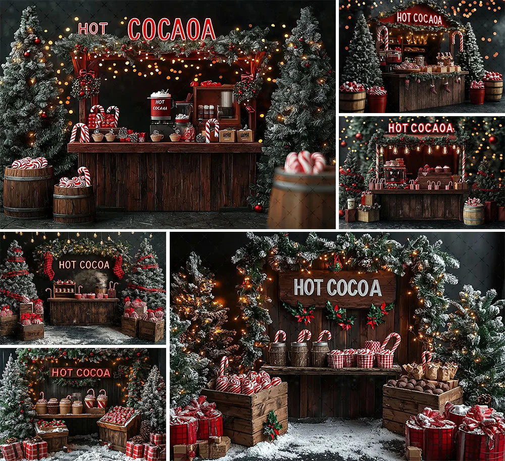 Mehofond Sfondo fotografico Natale Cacao caldo Canna di zucchero Regali Albero di Natale Bambini Ritratto di famiglia Decor Sfondo Studio fotografico